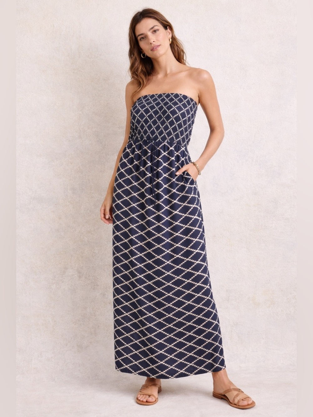 Anthropologie Mermaid Strapless Smocked Maxi Dress Grey Cream Cotton Geometric L